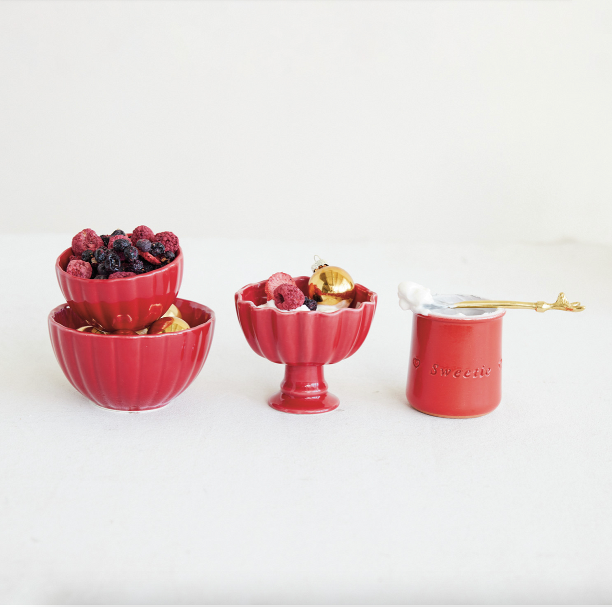 Red Stoneware Fluted Footed Bowl