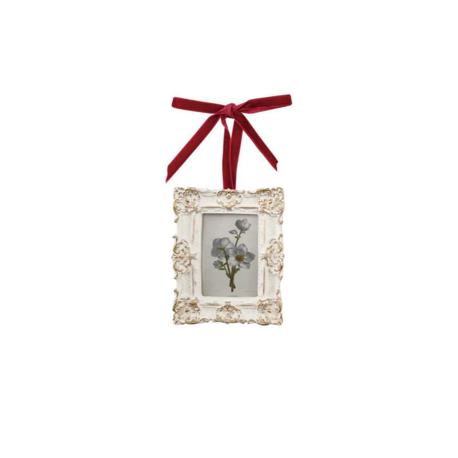 Small Resin Photo Frame Ornament with Velvet Ribbon & blue flowers. holds 2-1/2" x 3-1/2" photo
