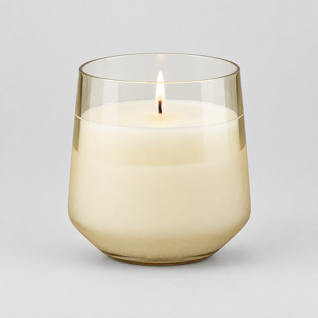A lit candle in a clear glass vessel with a rounded, faceted base, filled with creamy off-white wax. The candle is photographed against a seamless white background.