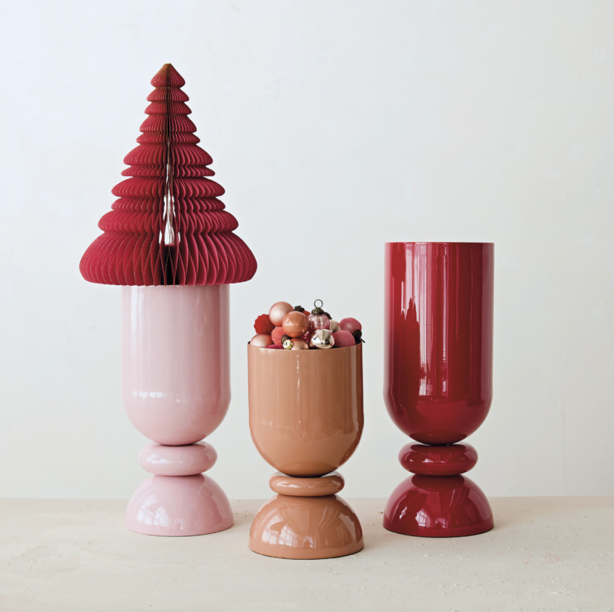 Enameled Metal Footed Vase - Pink, cranberry red & blush