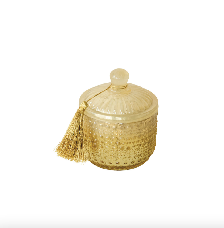 Embossed Glass Holiday Hearth Scented Jar Candle with Lid & Gold Color Tassel