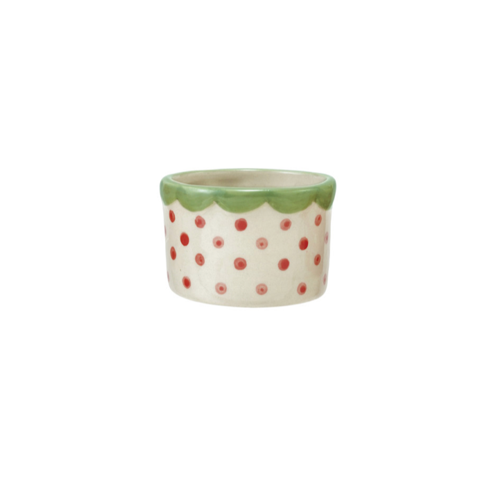 Polka Dots & Scalloped Rim Stoneware Container - white with Red polka dots & green scalloped rim