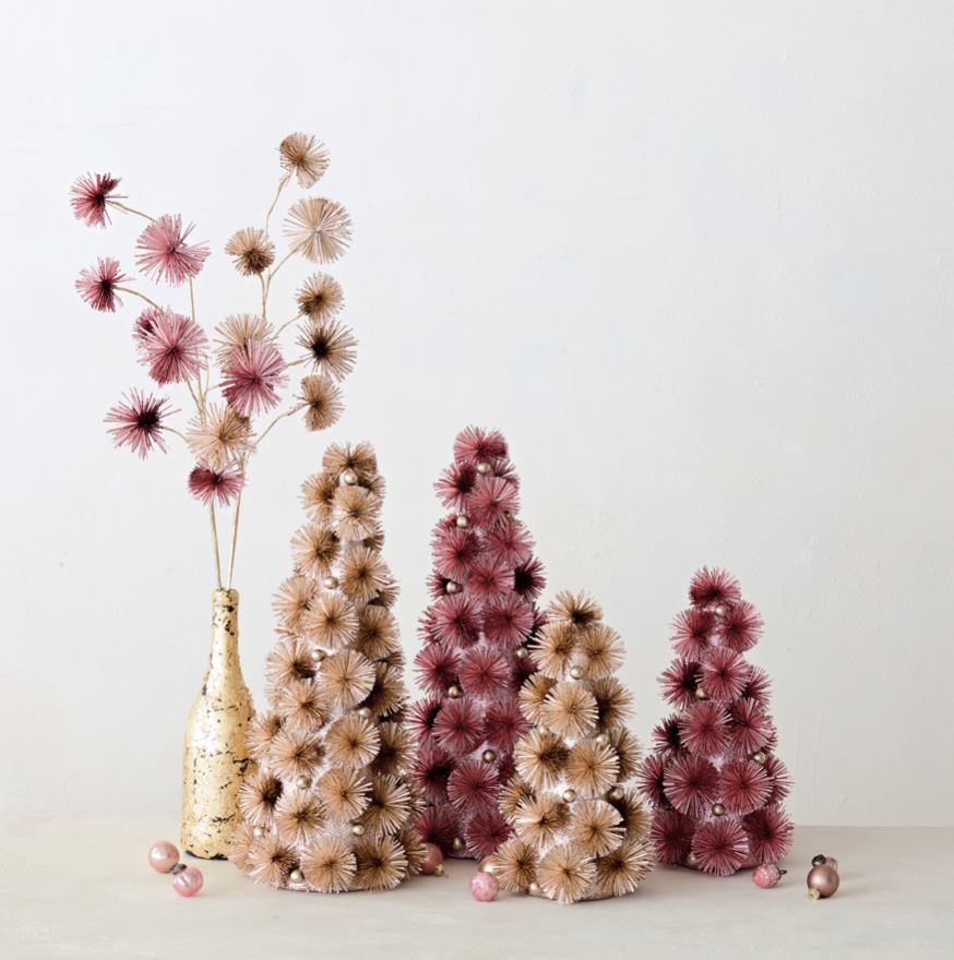 Blush Tinsel Ball Trees in pink & gold. Add a gentle touch of festive cheer to your space with our Blush or gold Tinsel Ball Tree. Beautifully designed with delicate blush tones, sparkling glitter, and subtle silver-colored beads, this large tabletop tree brings a soft, welcoming glow and charming holiday magic to any room in your home.