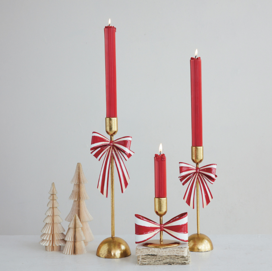 Metal Red Striped Bow Taper Holder - 3 Sizes
