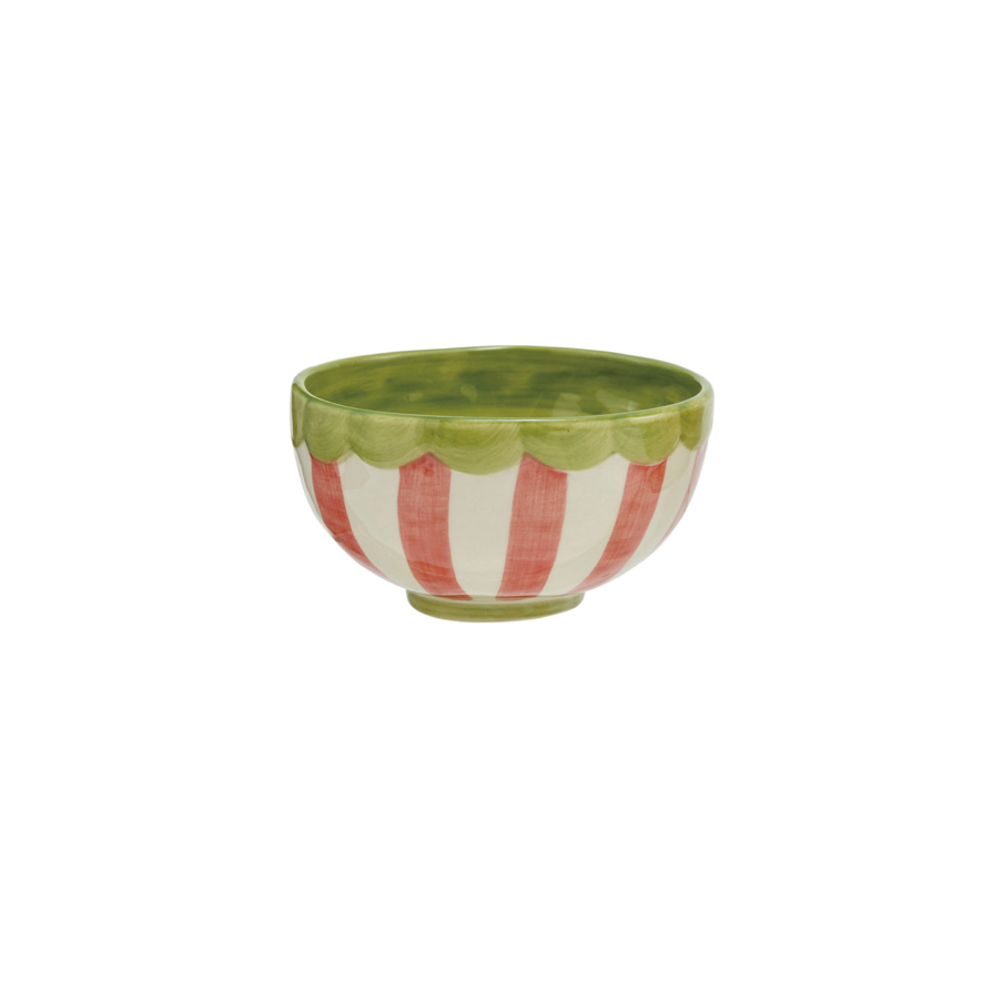 Merry Scalloped Stoneware Bowl - red & white stripes with Green scalloped rim