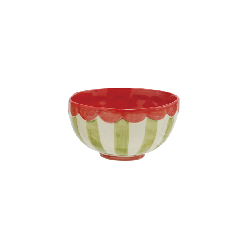 Merry Scalloped Stoneware Bowl -Green & White Stripes with Red Rim
