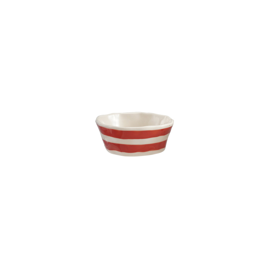 A small white ceramic bowl with two horizontal red stripes, centered on a plain white background.