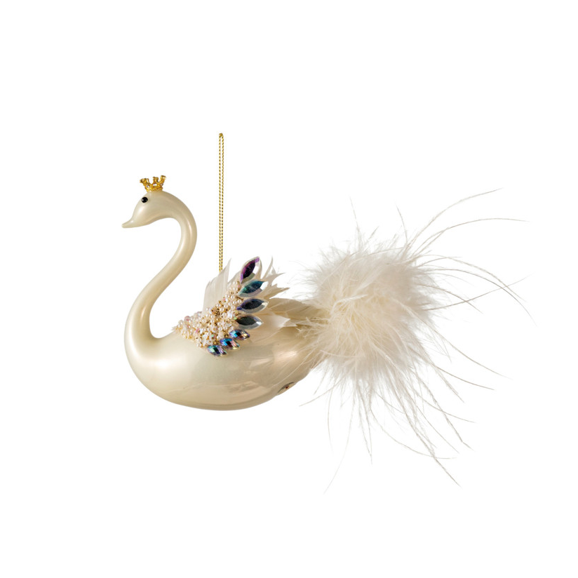 Hand-Painted Glass Swan Ornament with Faux Feathers