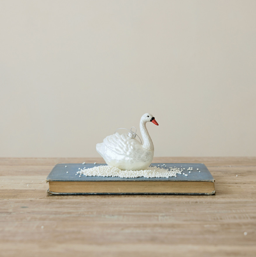 Hand-Painted Glass Swan Ornament with Glitter