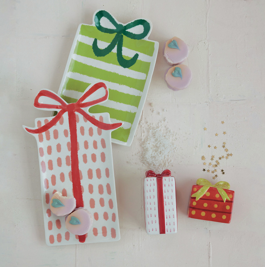 Stoneware Gift Shaped Plates with Patterns & Bows
