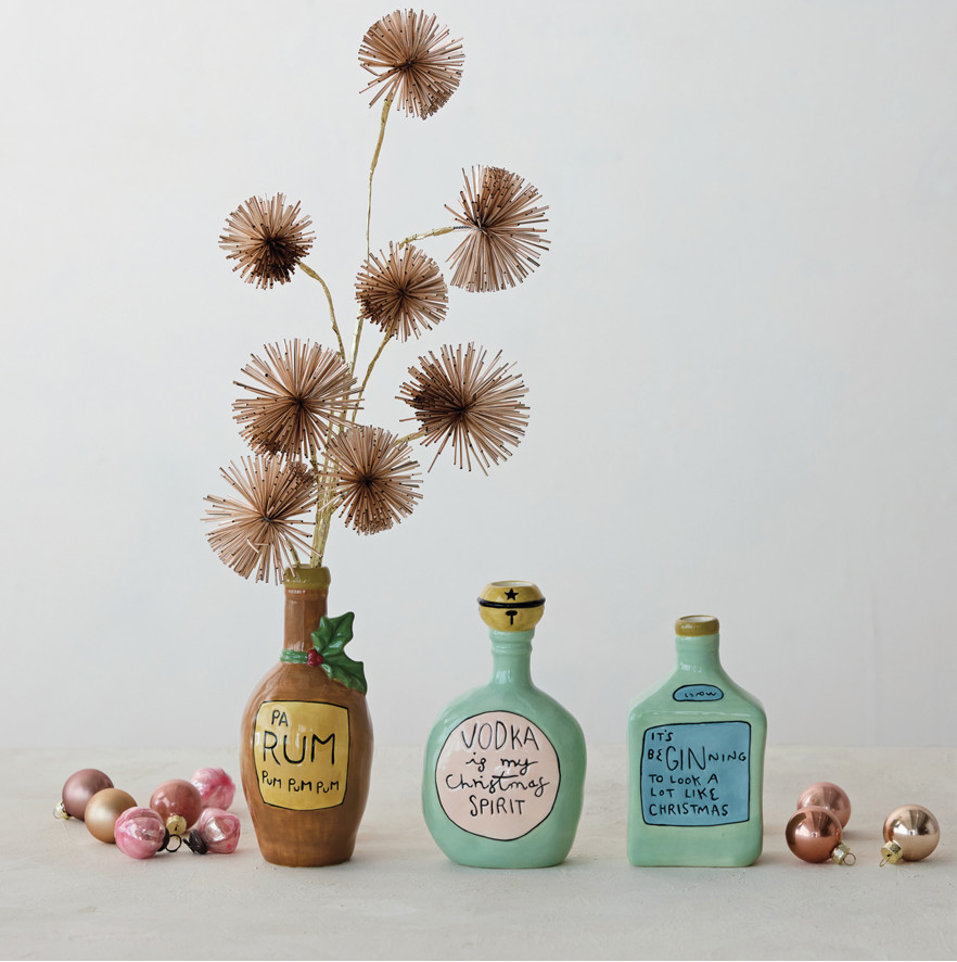 Hand-Painted Stoneware Bottle Shaped Vases with Holiday Cocktail Sayings - 3 Styles