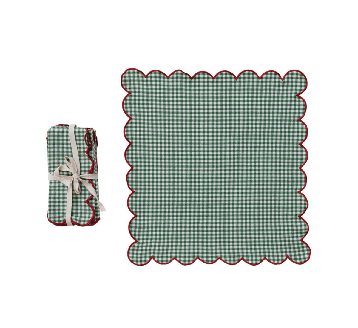 Cotton Scalloped Green Checkered Napkins - Set of 4