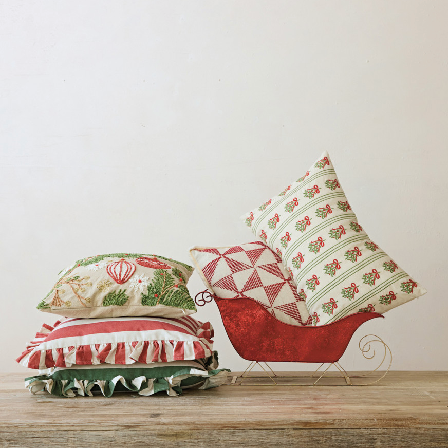 Embroidered Pine Boughs Cotton Pillow Ornaments & Snowflakes
