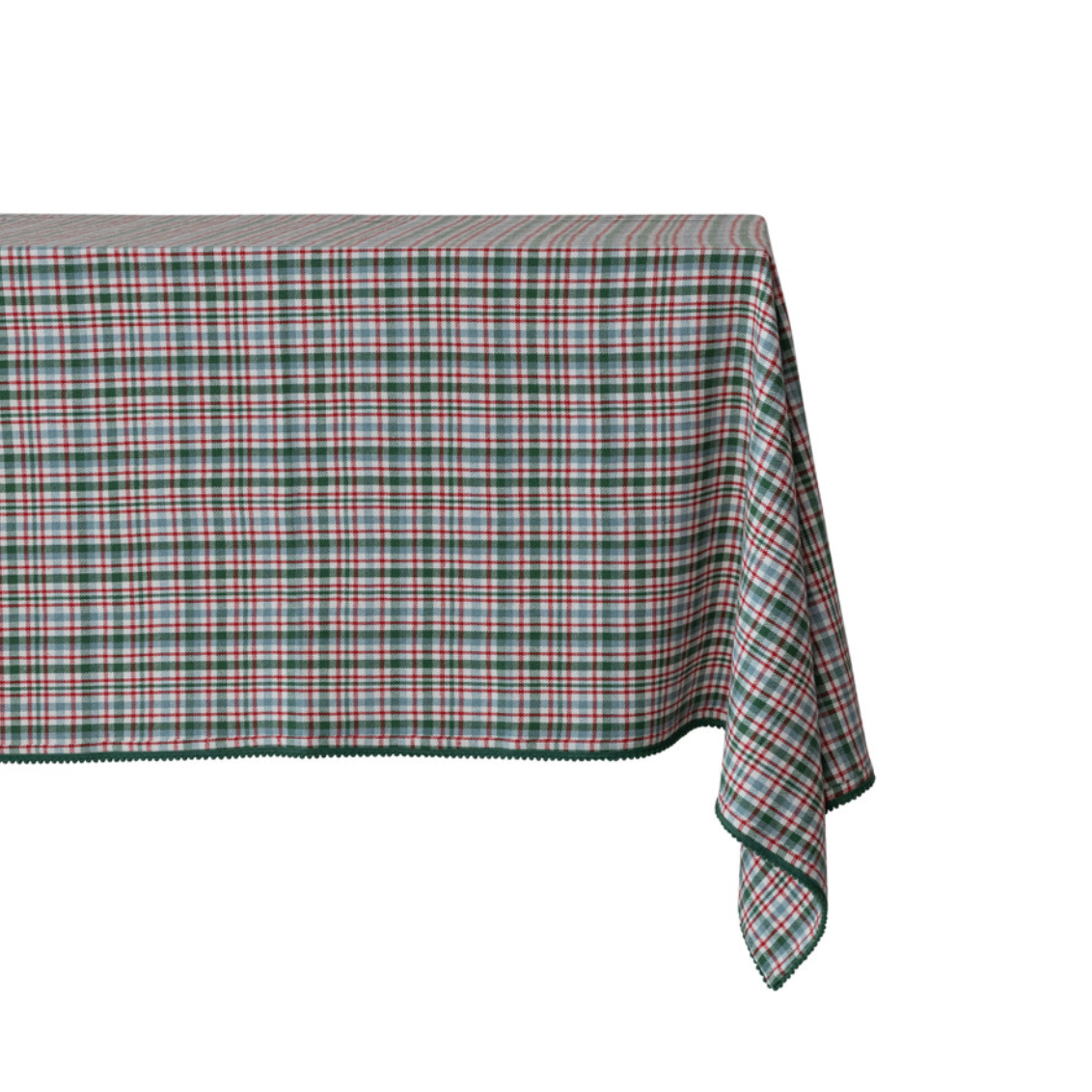 Woven Cotton Table Cloth with Winter Plaid Pattern & Mini Pom Pom Trim