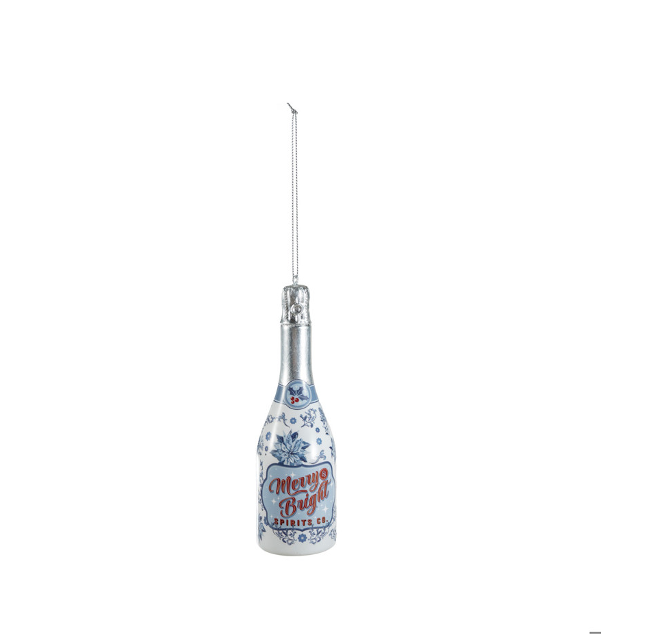 Glass Champagne Bottle Ornament - Merry & Bright