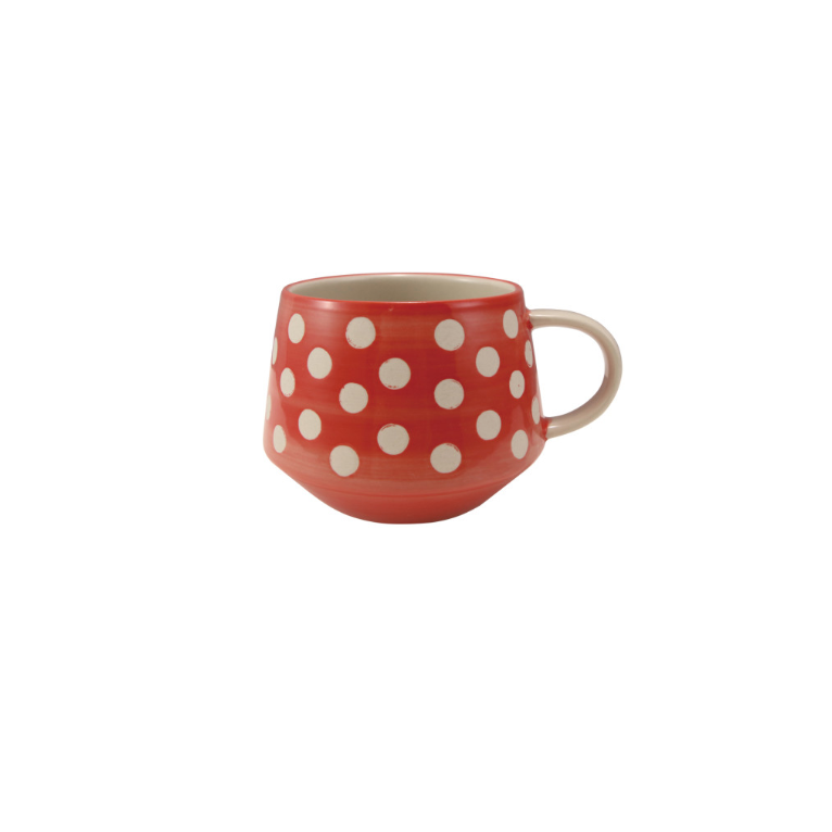 Red mug with white polka dots on a white background