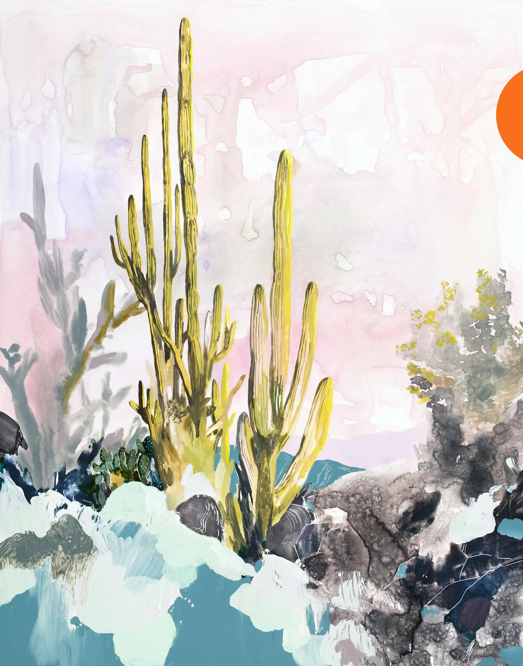 tall saguaro cacti loom over blue and grey rocks with half an orange sun in the sky.