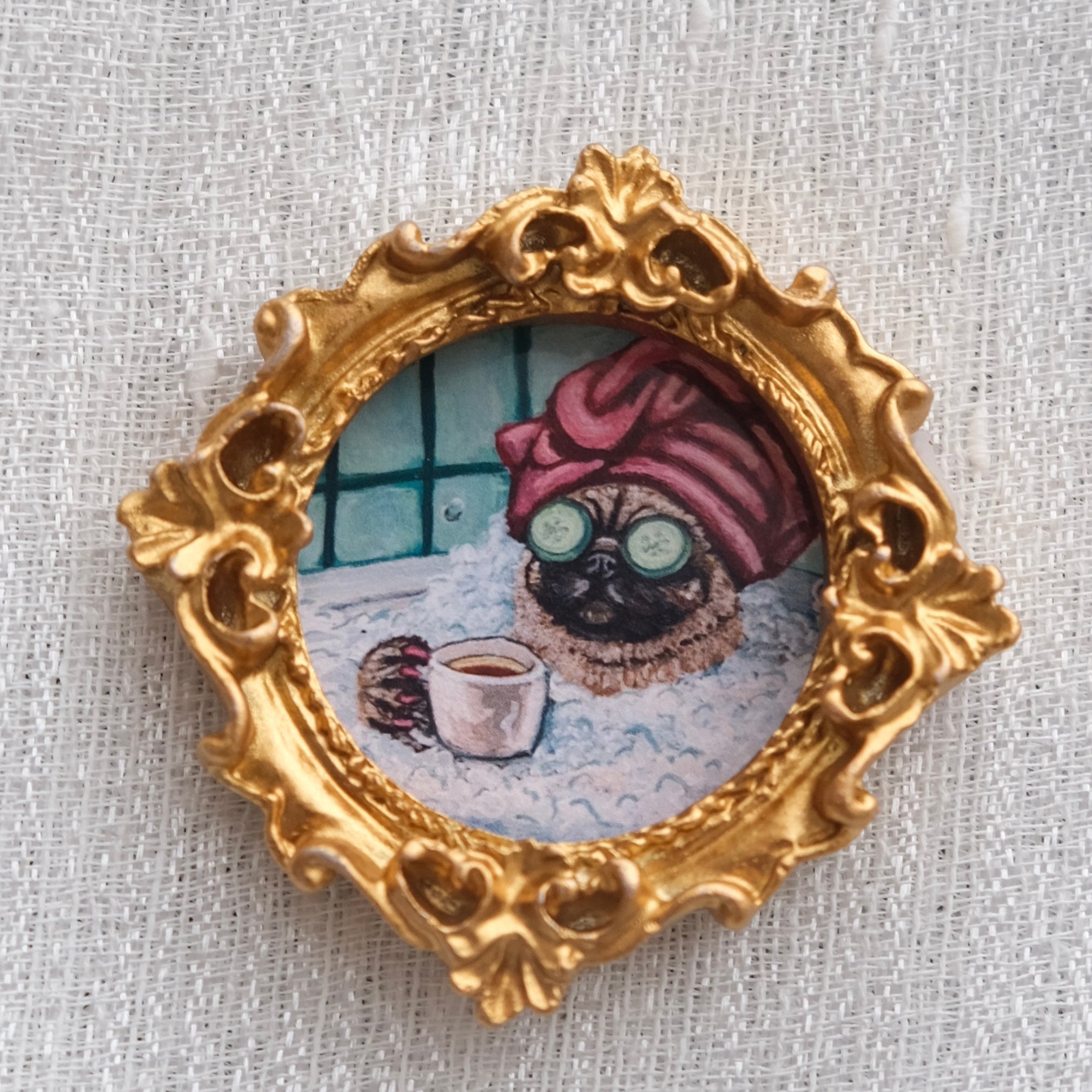 Mini framed art magnet featuring a pug enjoying a cozy bubble bath and tea.