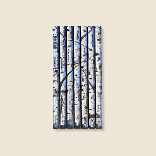 linocut print, cold wax, oil paint, paper collage on wood, size is 11 x 23, white aspen trees lined up parallel, with blue shadows