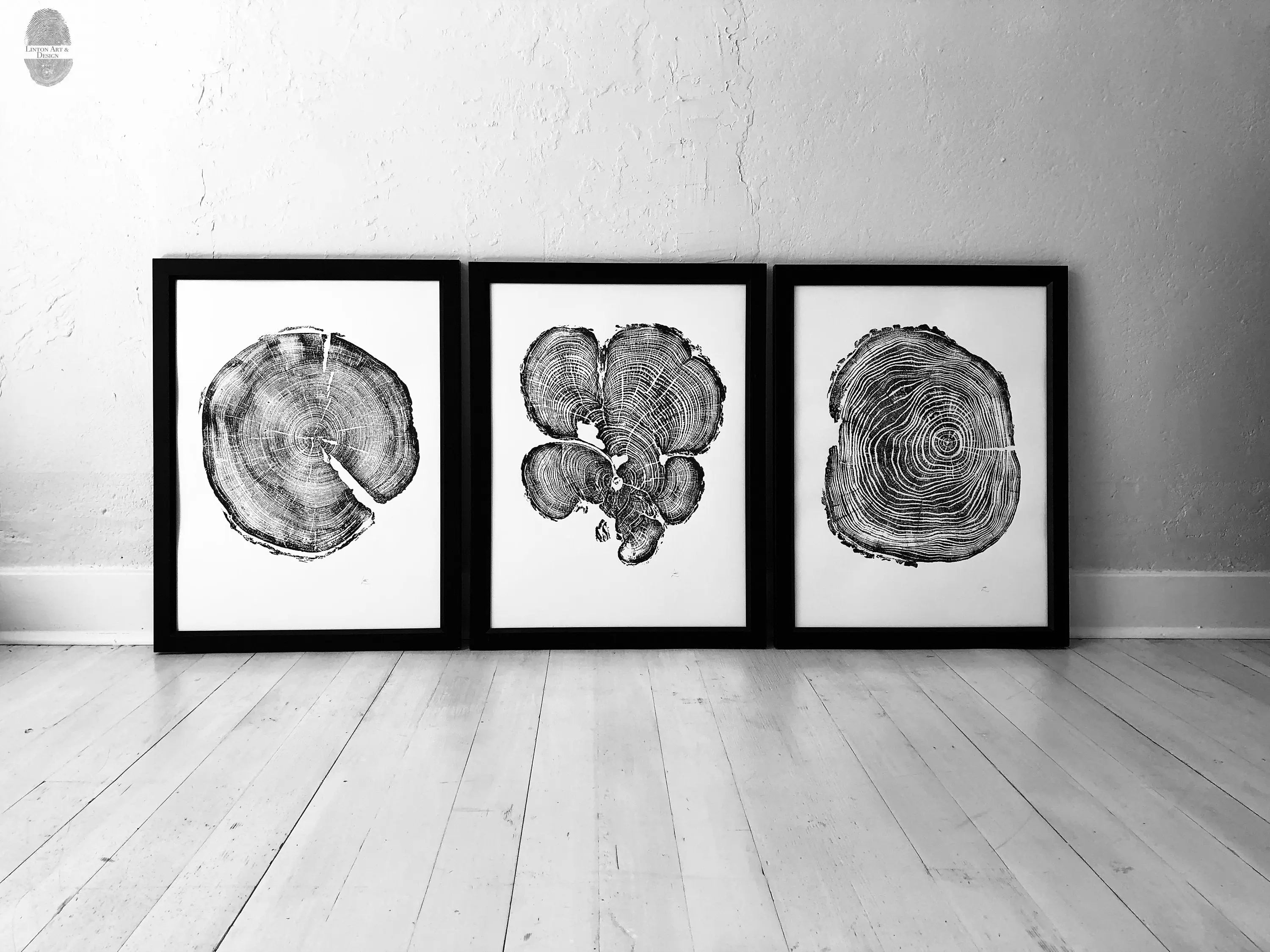 Three Panel Wall Art, Tree Blocks, Woodcut print, Tree hugger gift, Signed Original 18x24 inches