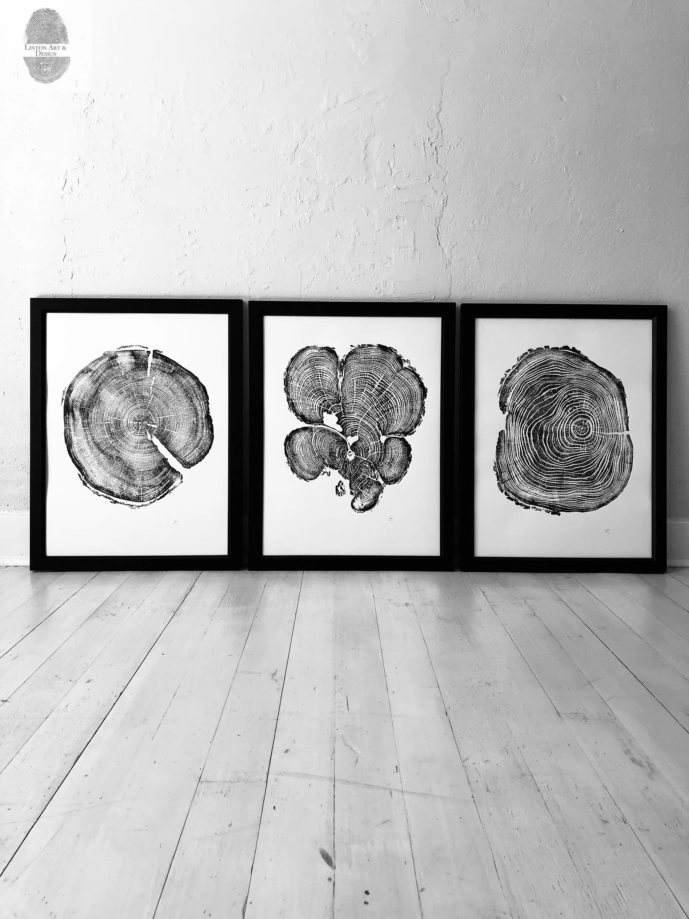 Three Panel Wall Art, Tree Blocks, Woodcut print, Tree hugger gift, Signed Original 18x24 inches
