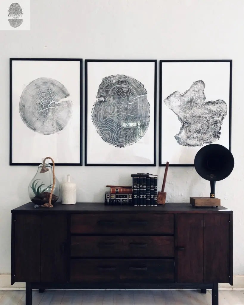 Tree rings Print, Three Panel Wall Art, Woodcut print, Lumber, Tree of Life, Sacred Geometry, Live Edge, Shabby Tree, Each 24x36 inches