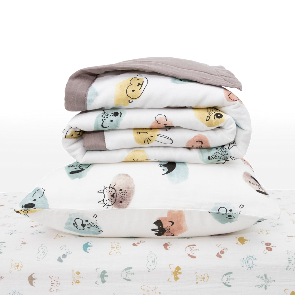 Celebrate their imagination. The Toddler Bedding Set features a variety of themes and prints to help bring their creativity to life as they transition from infant to toddler. 3 piece set includes: 1 Toddler Comforter, 1 crib sheet, 1 pillowcase.  Cotton Muslin Toddler Bedding 3 Piece Set - Watercolor Critters