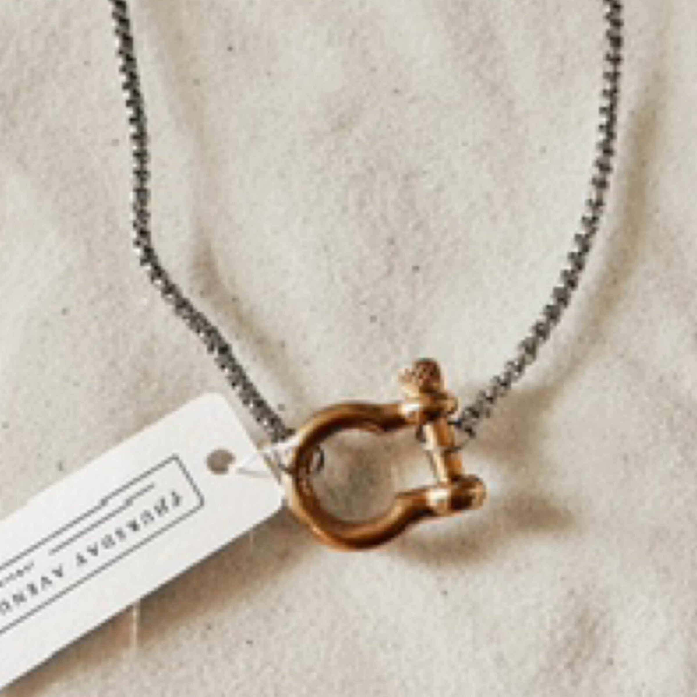 Silver box chain with a gold horse shoe closure that screws open and closed. Pictured against white sand.