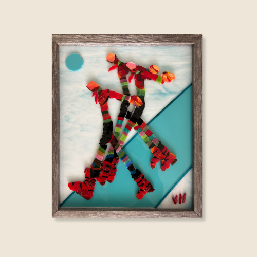 16x13, $665, Glass on glass Mosaic, White snow on the ground, blue ice path, skiers walking together, long straight legs, ski boots, colorful ski gear