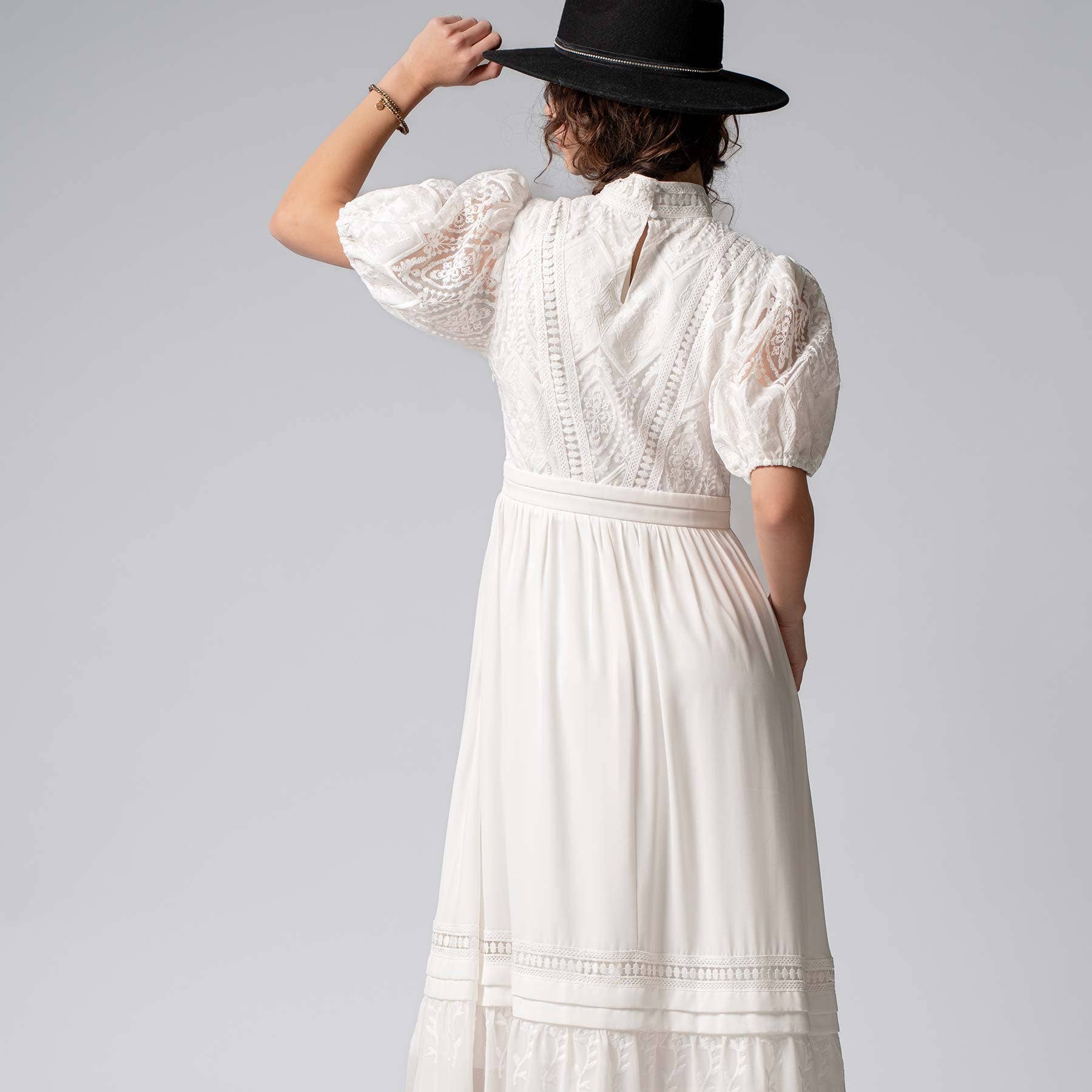 Victorian Lace Puff Sleeve White Maxi Dress