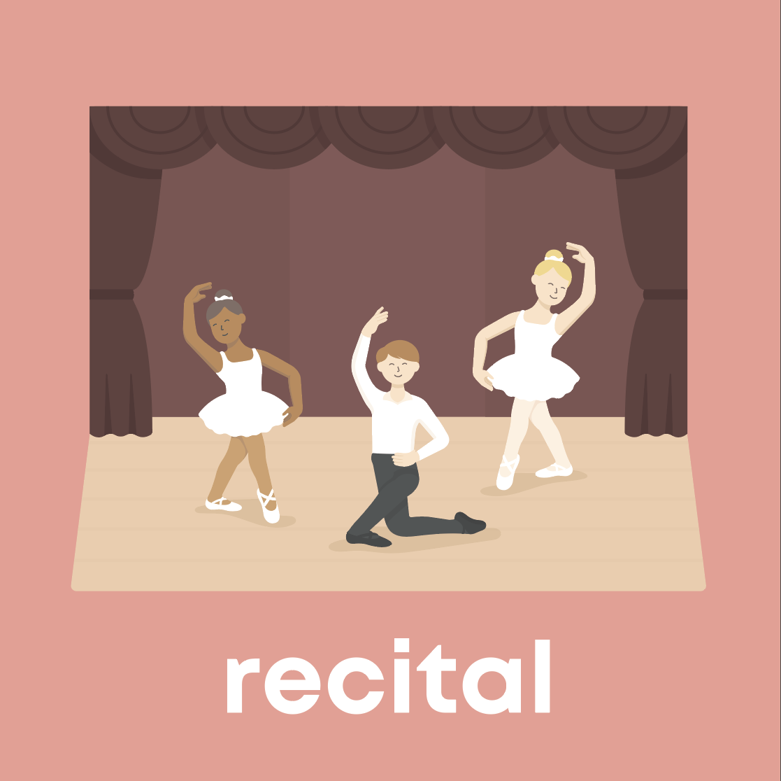 Illustration of children in a recital with text 'recital' a on a pink background.
