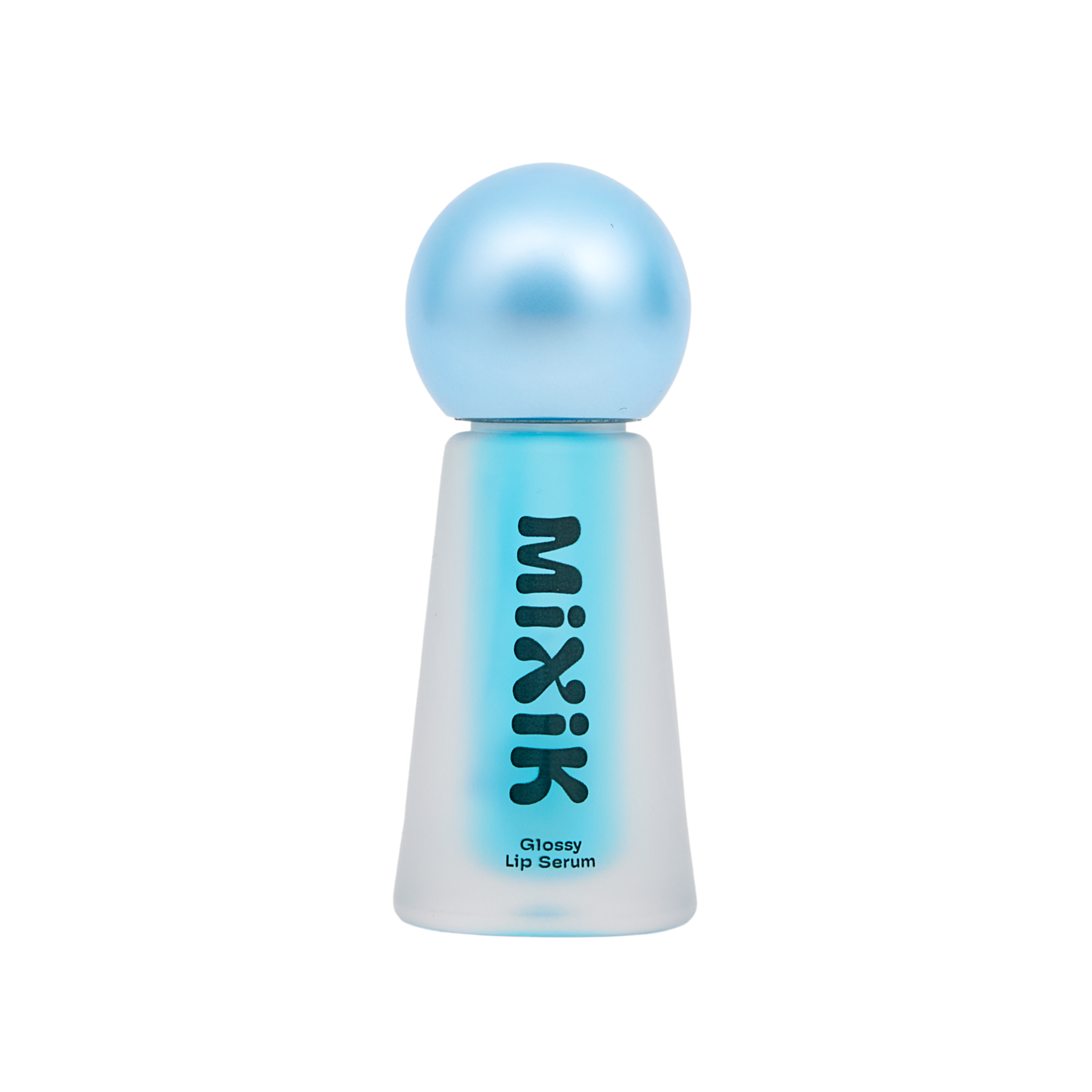 Lip serum bottle with blue cap and white body on a white background