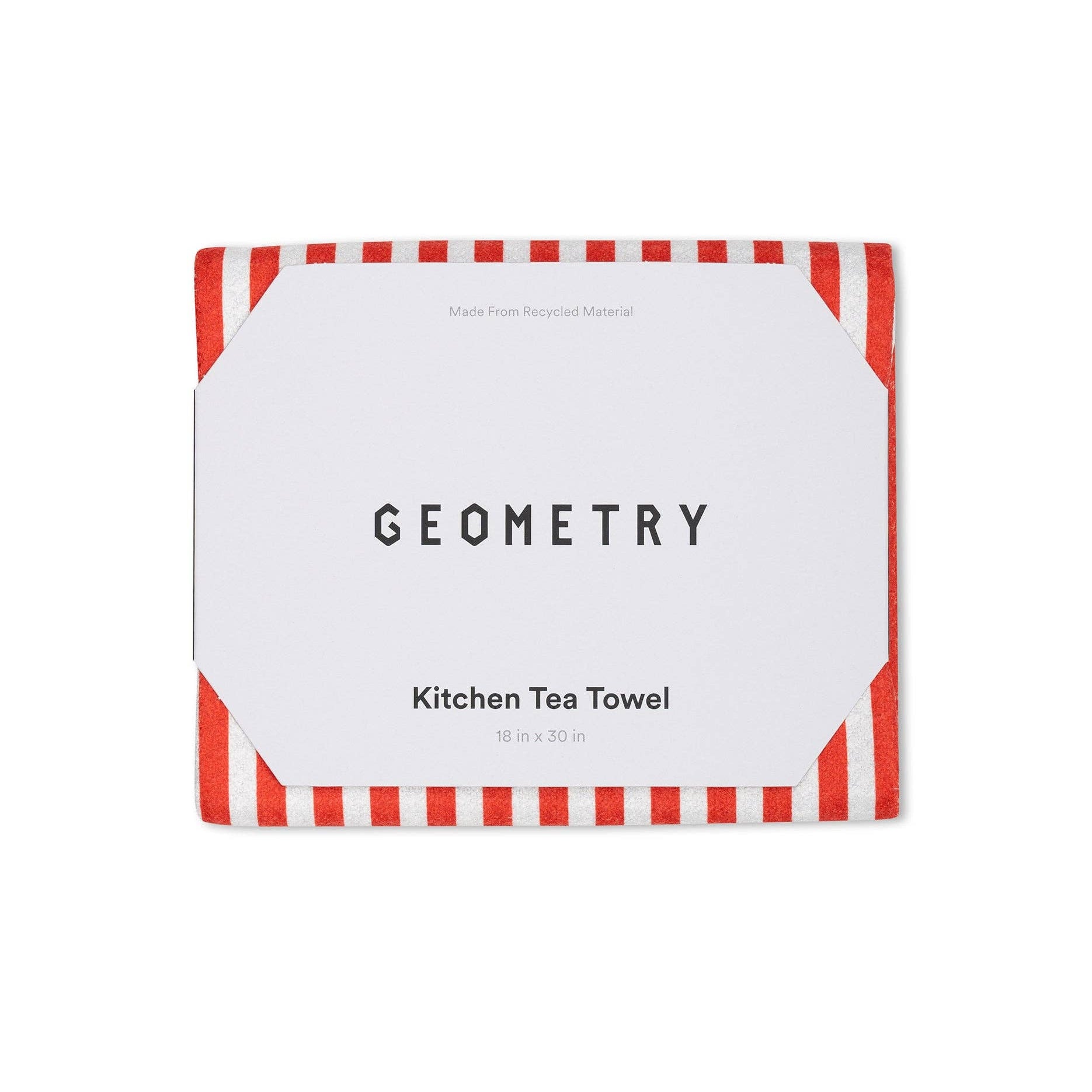Red and white striped kitchen tea towel with 'Geometry' branding on a white background