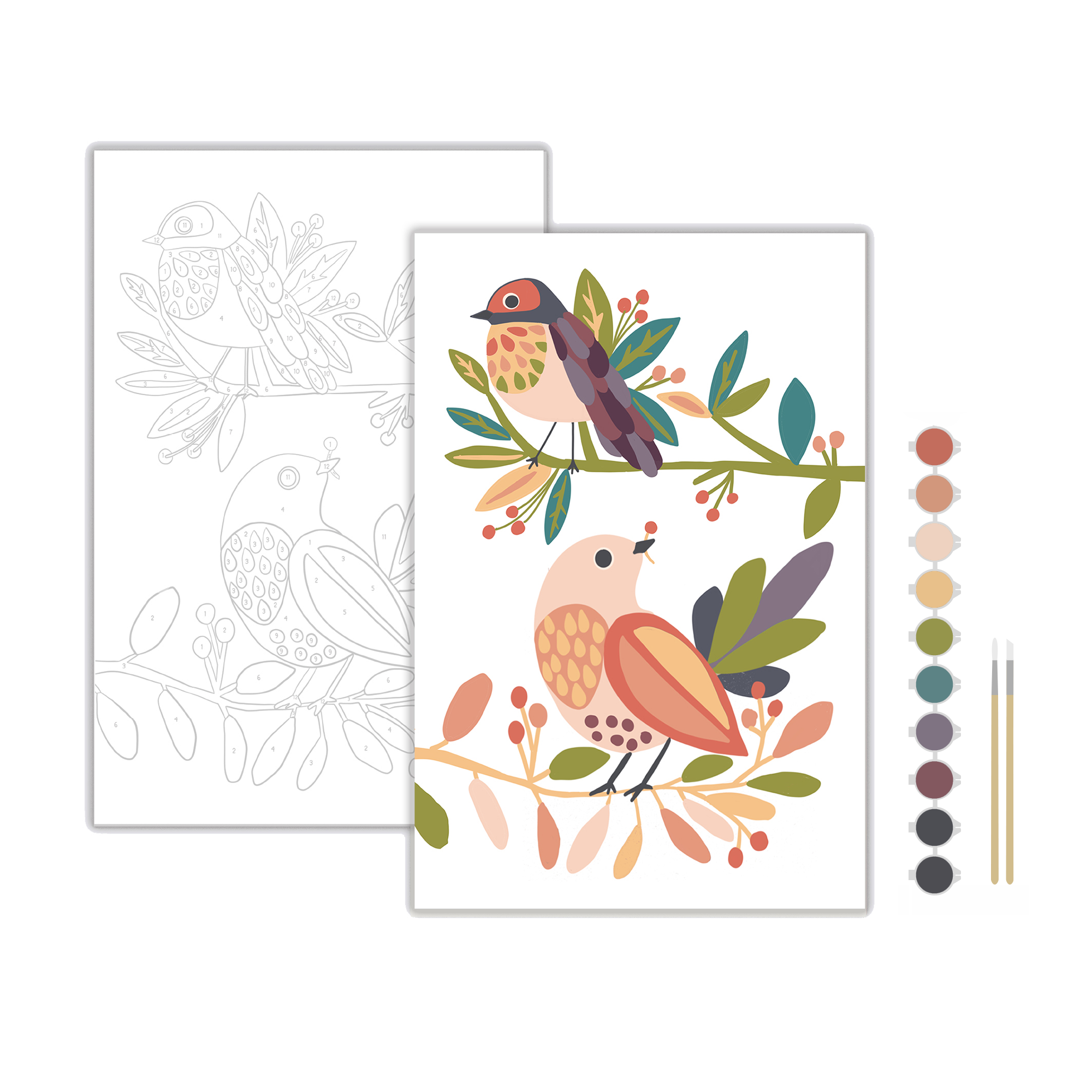 Coloring book with two birds on branches, one colored and one outlined, with a color swatch and brush tool on a white background.