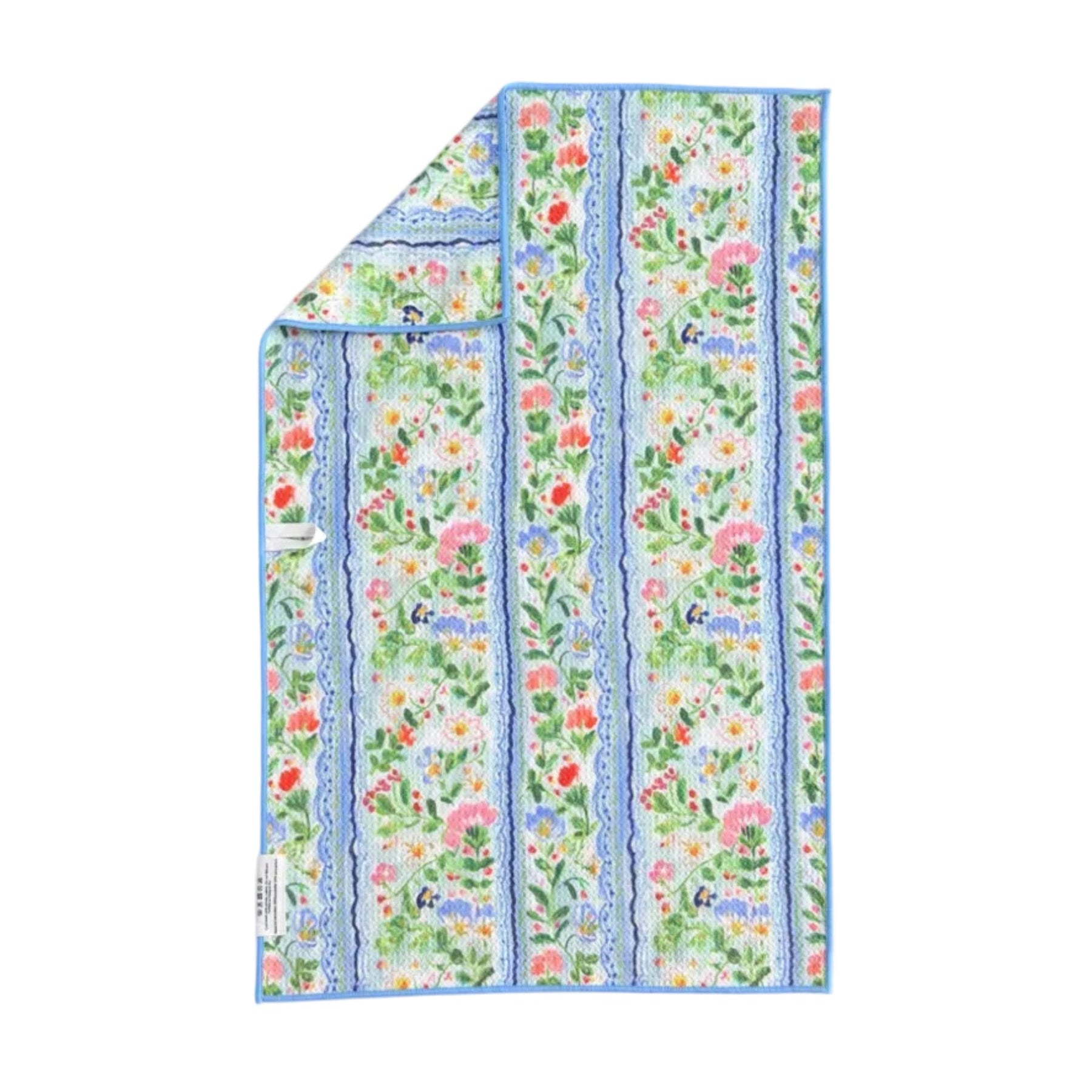Floral patterned tea towel with blue border on a white background