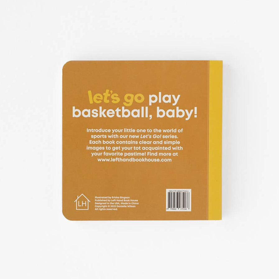 Book cover with text 'let's go play basketball, baby!' on a white background