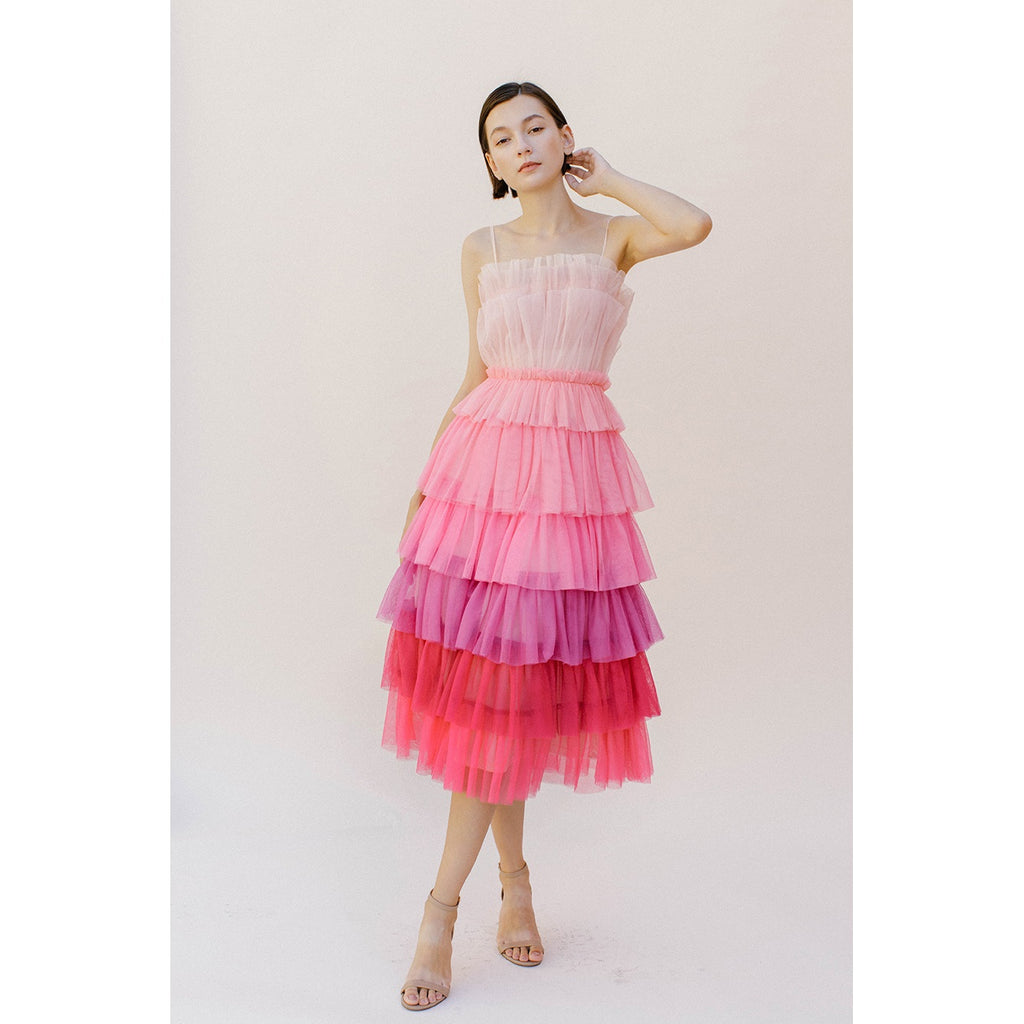 Pink-toned ombre tulle midi dress. It exhibits a tiered ruffled layers top, adjustable spaghetti straps, and cinched waist. It also has a midi layered bottom and back invisible zipper