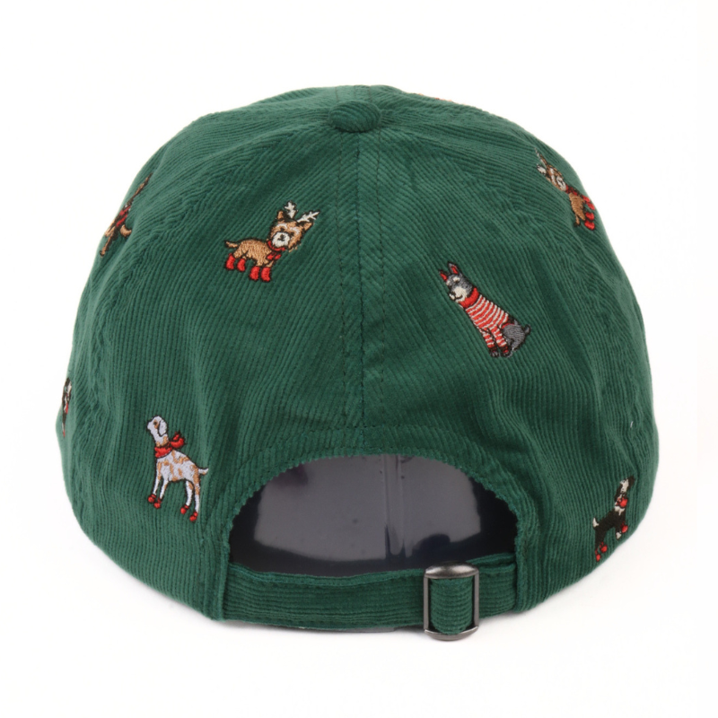 Christmas Dogs all over Embroidered Corduroy Cap - green