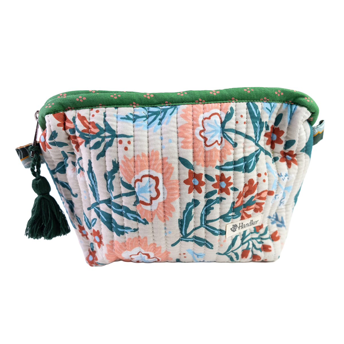 Floral patterned pouch with green trim and tassel on a white background