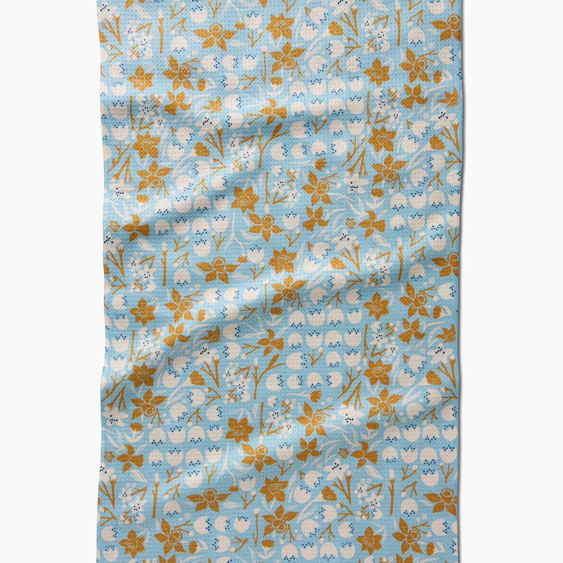 Floral patterned rug with blue and brown colors on a white background Tea Towel