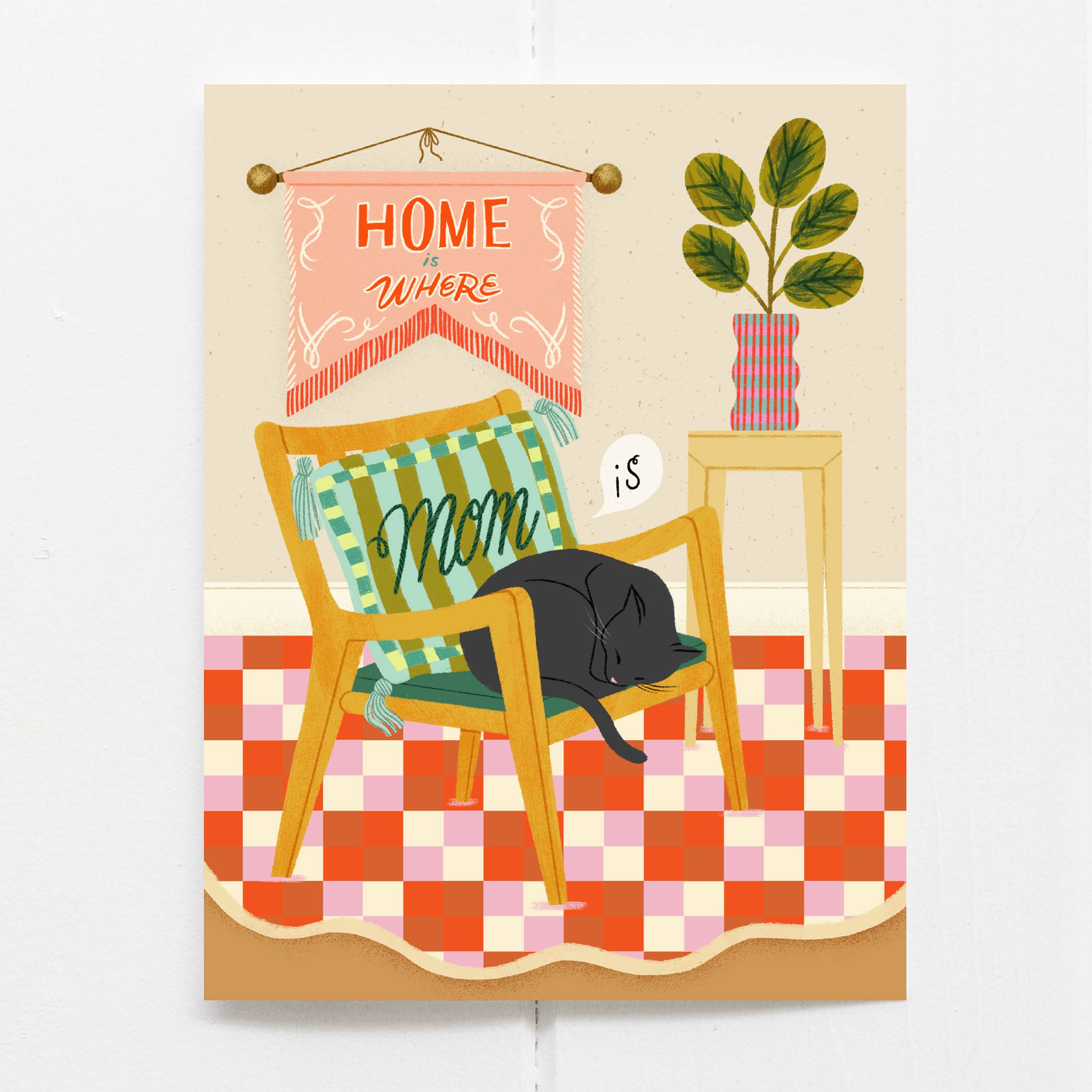 Illustration of a cat on a chair with a 'Home is Where Mom Is' sign and checkered floor.