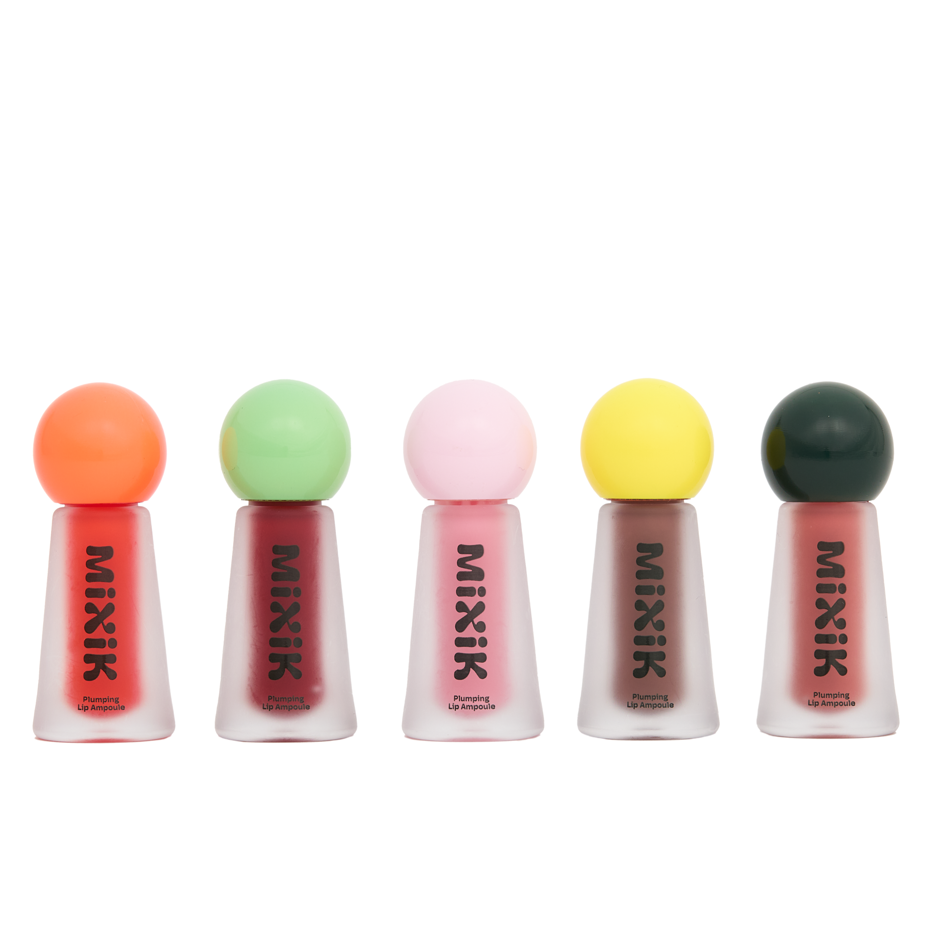 Five colorful lip gloss tubes with spherical ends on a white background, featuring the brand 'MIXIK'.