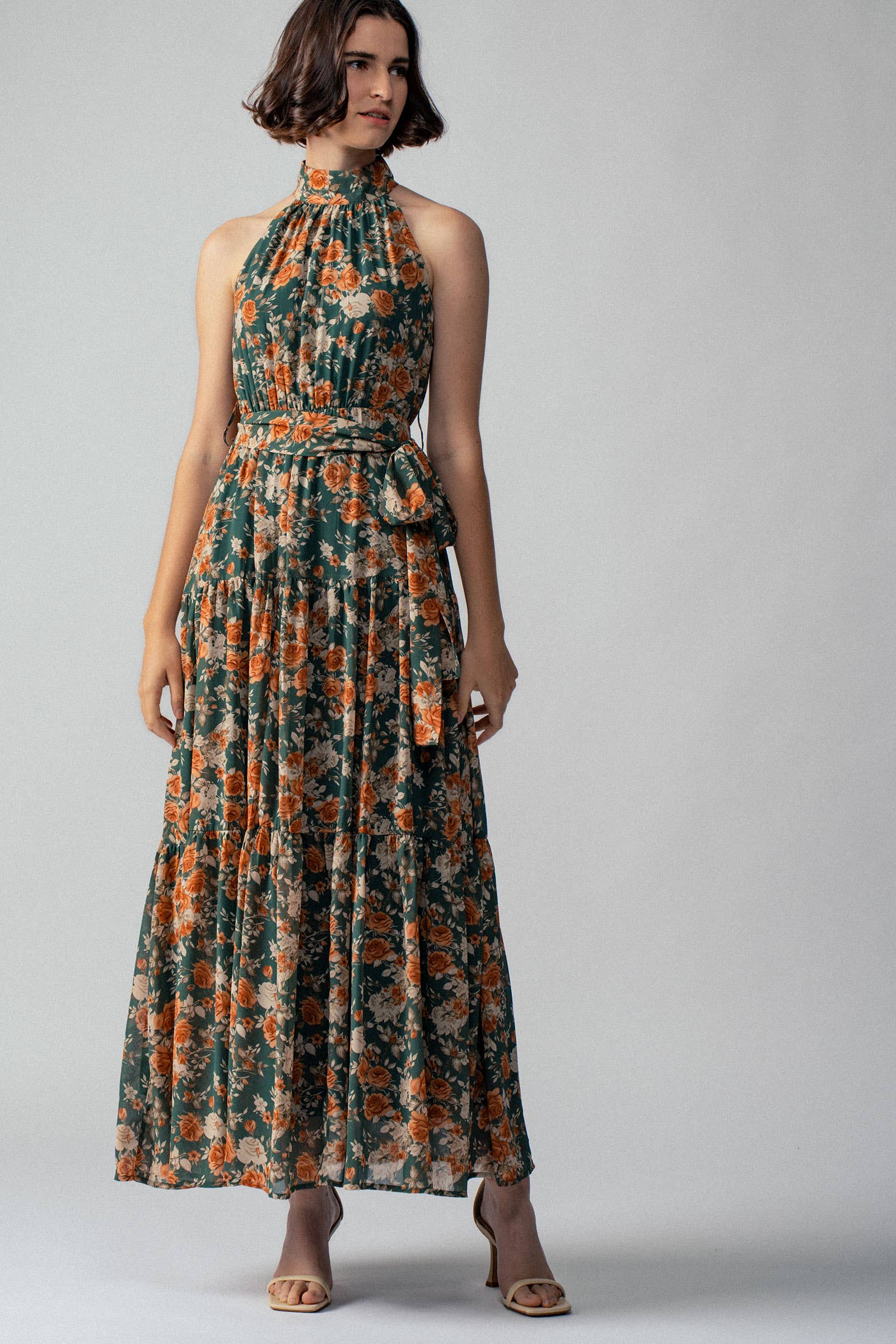 Halter Neck Floral Tiered Maxi Dress