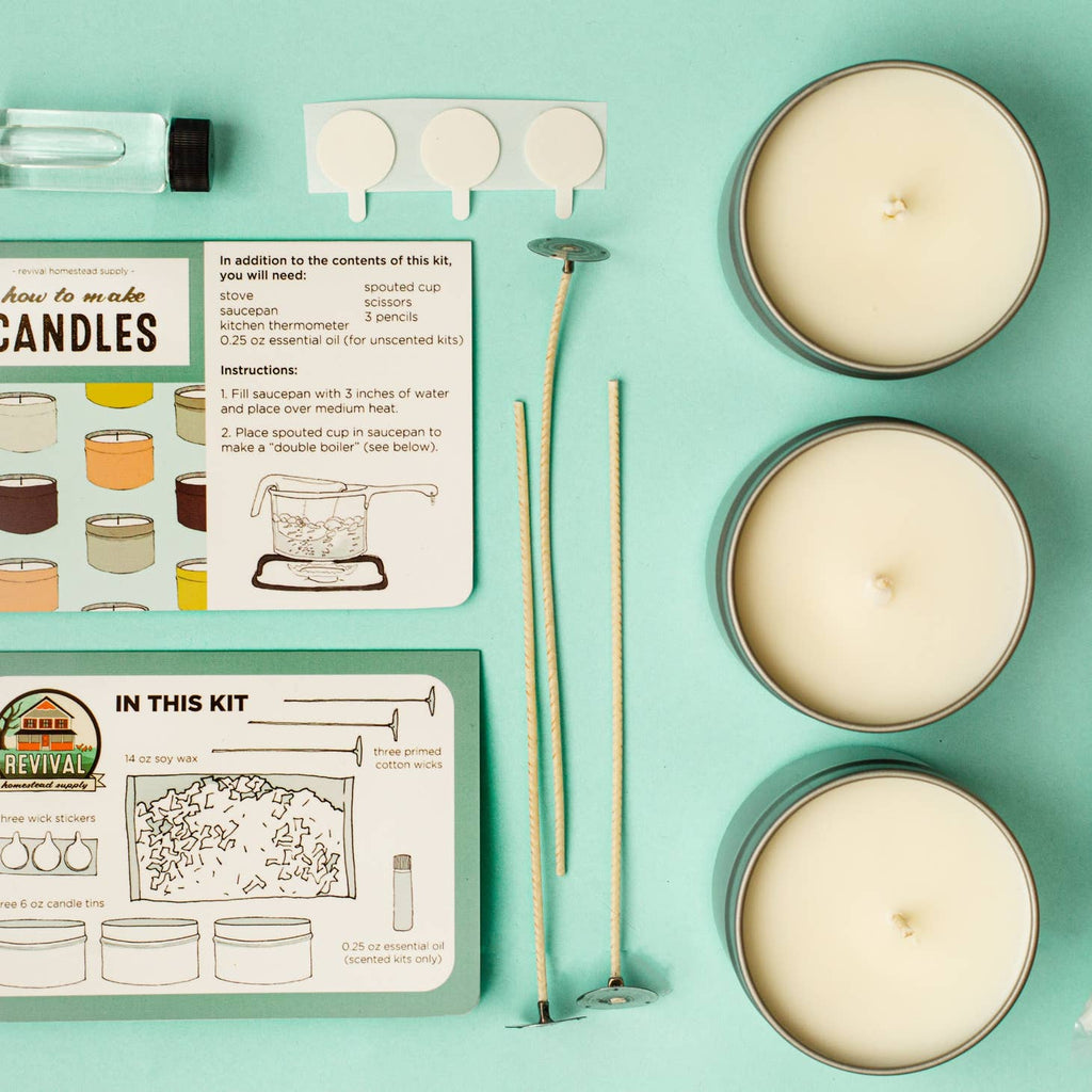 Making candles at home is so satisfyingly simple! This kit provides everything you need for your first three candles. But before you know it, I bet you'll be filling all your spare jars with these divine, all-natural candles! Say goodbye to candles with offensive, synthetic fragrances and petroleum based waxes. These customizable soy candles are as good to the Earth as they are to your nose. Pine.  Makes  Three 4 oz soy container candles, scented with essential oils  Size  6" x 6" x 4.5"