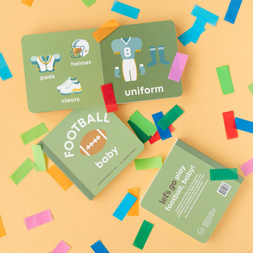 Educational cards about football baby on a beige background with colorful confetti
