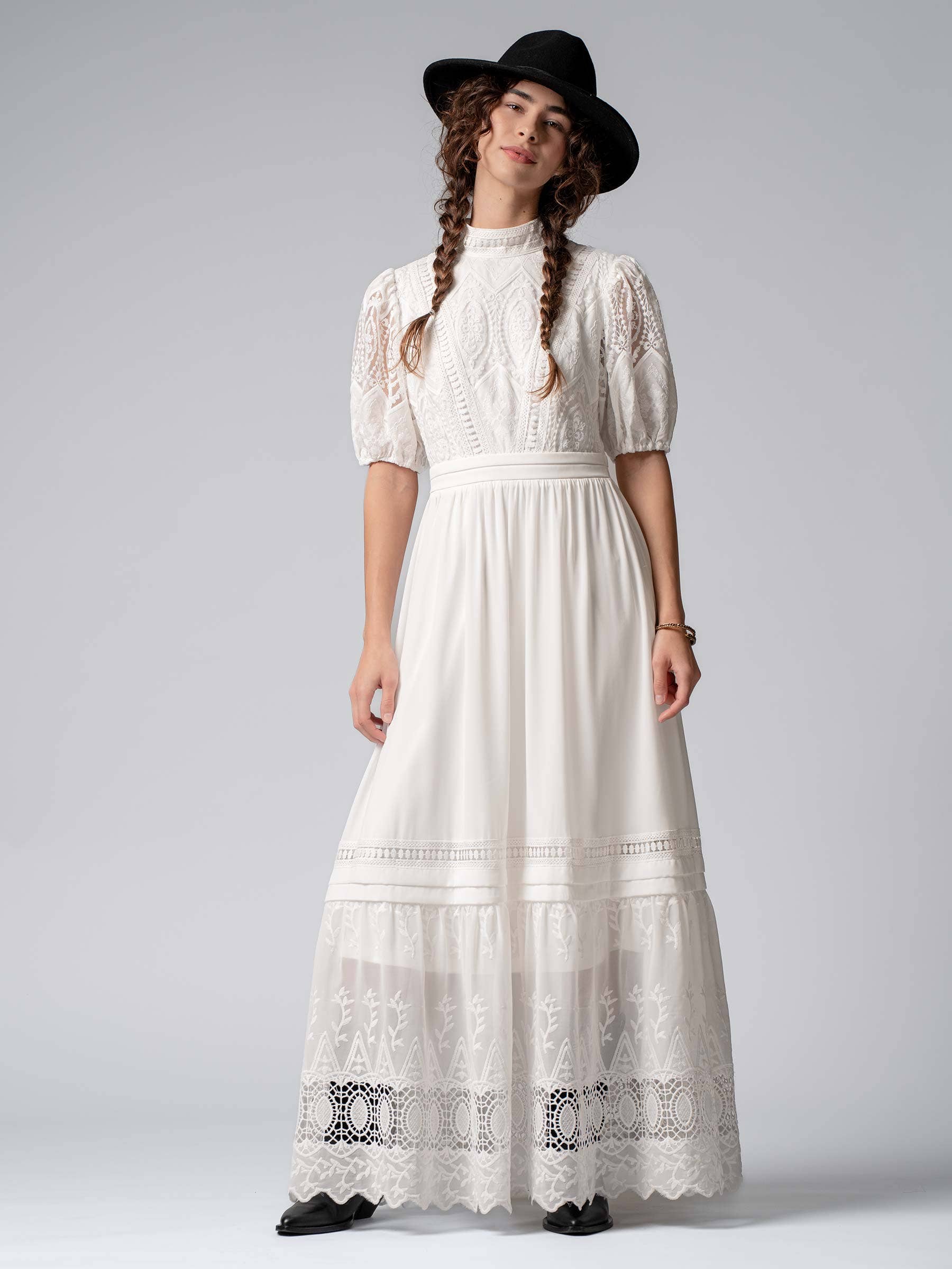 Victorian Lace Puff Sleeve White Maxi Dress