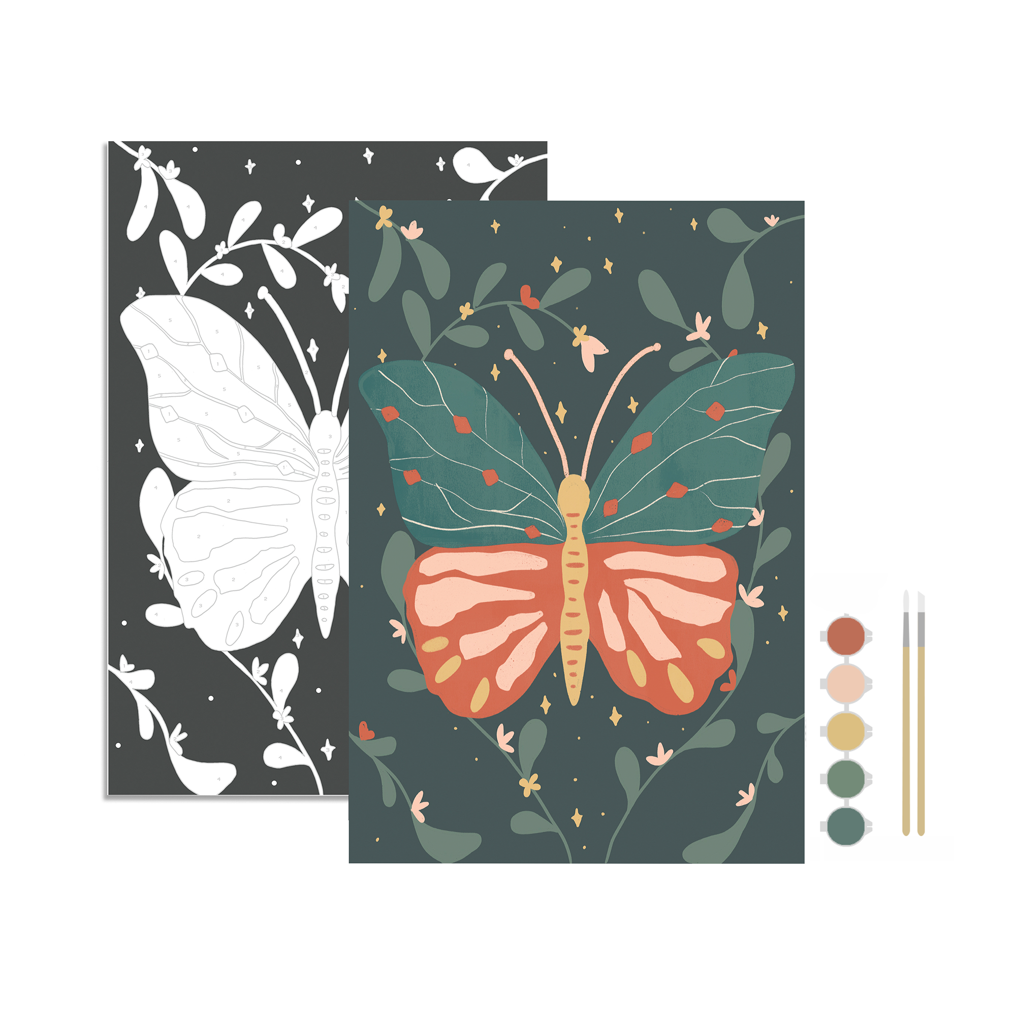 Butterfly design with color swatches on a dark green background
