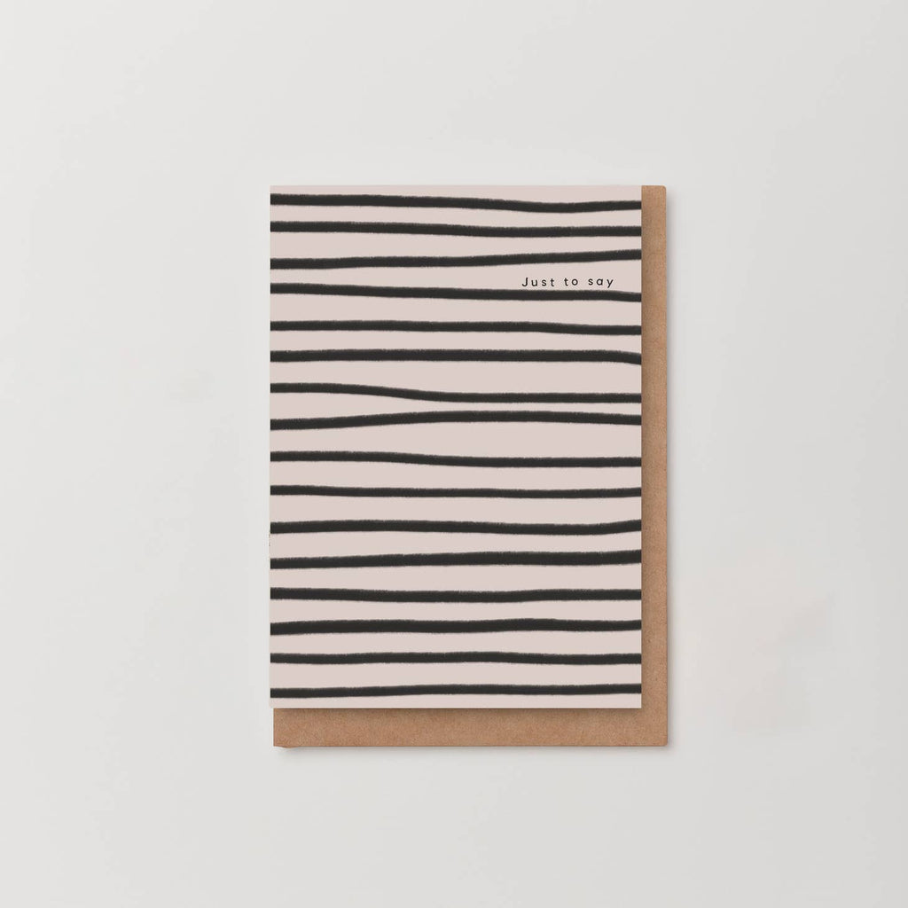 New from the abstract range, a beautifully simple, striped notecard. This black and off-white design is printed on a beautifully textured fsc stock and is accompanies with a luxury gf smith kraft envelope.  Comes in a compostable cello