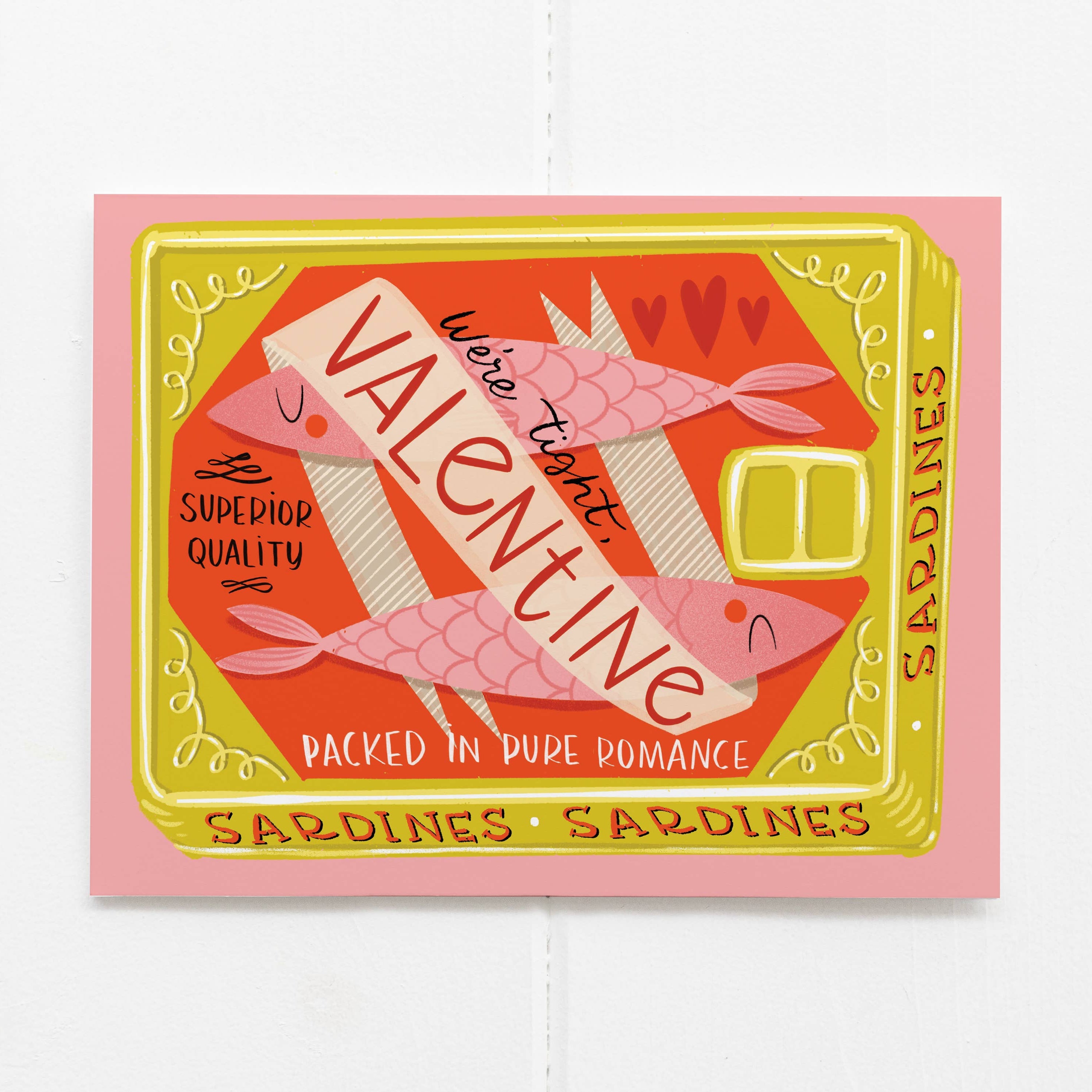 Valentine's Day card with sardine packaging design on a white background
