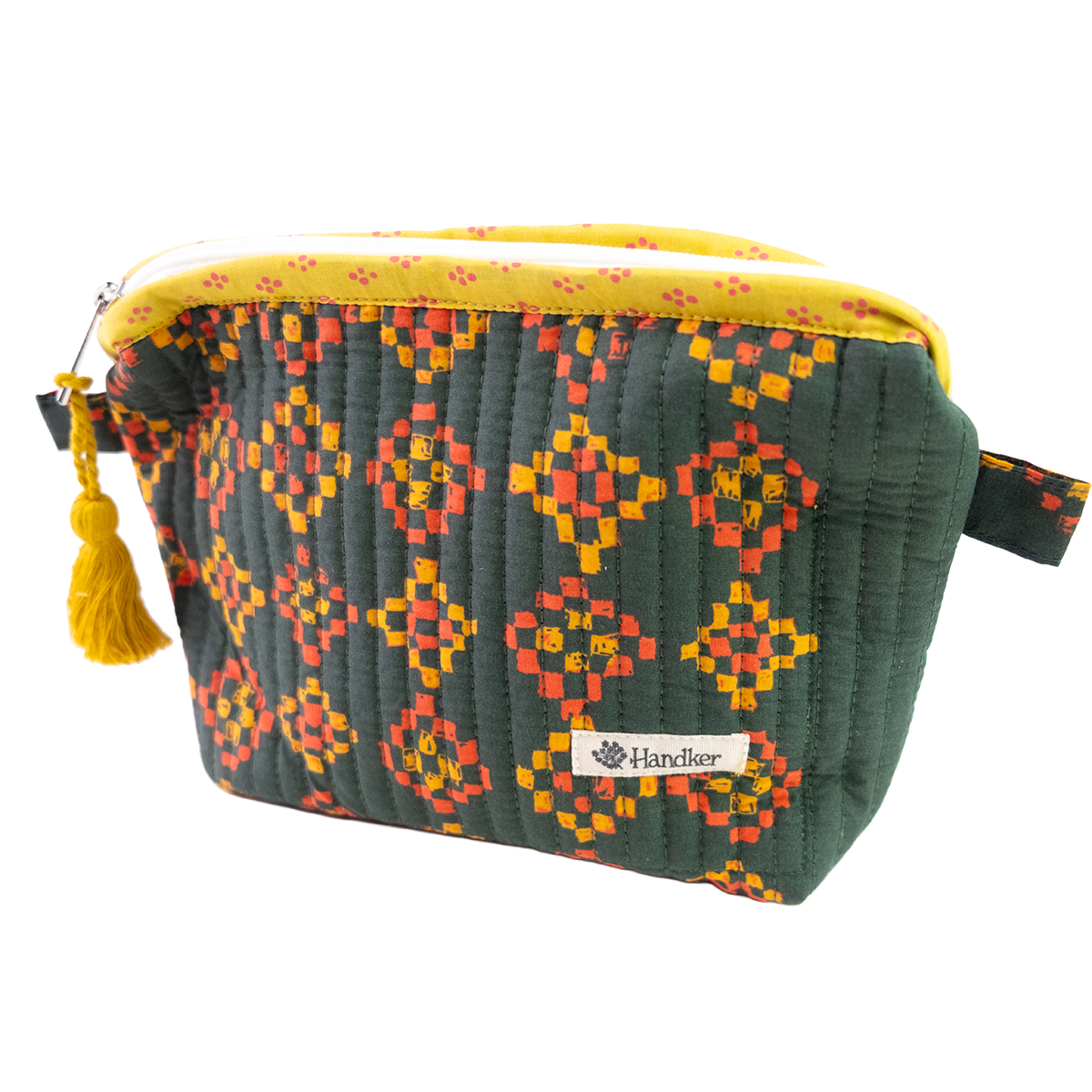 Small pouch with geometric pattern and yellow accents on a white background